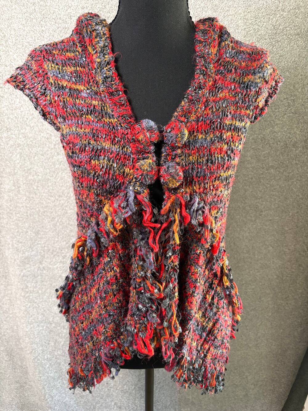 Lumiere Fringe Ribbon Knit Hooded Vest L Art to Wear Boho
